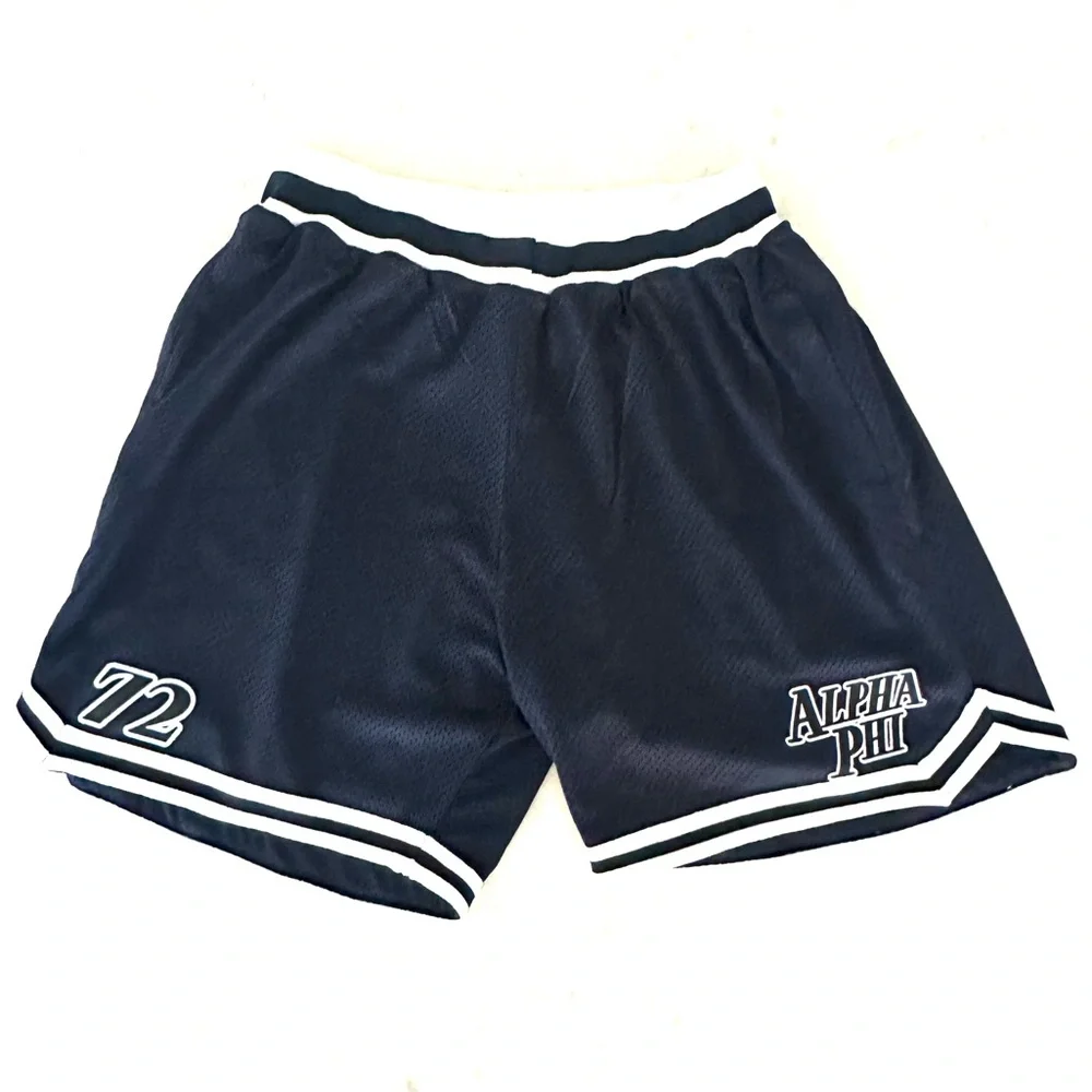 Alpha Phi Navy 72 The Hang Loose Hut Mesh Long Shorts Size Medium NWOT
